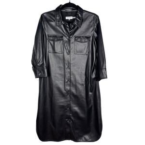 Calvin Klein S Black Faux Leather Button Front 3/4 Sleeve Shirt Dress Collared